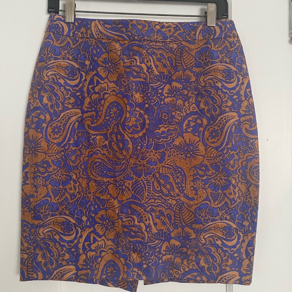 Loft Petites Women's Pencil Skirt Size 6P Blue/Brown Paisley